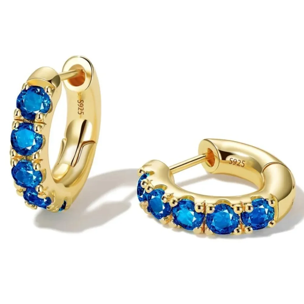 14K Yellow Gold 925 Sterling Silver Blue Sapphire Cubic Zirconia Huggie Earrings